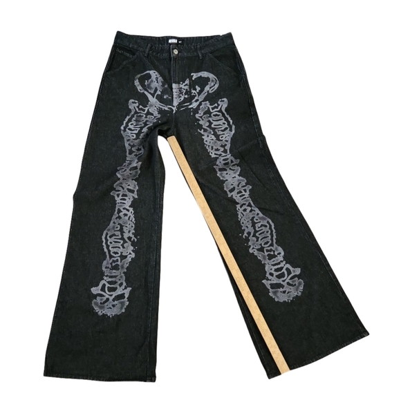 Minga London Bones Black Washed Denim Jeans Skeleton Print Wide Baggy Leg SZ 36 - Picture 6 of 16